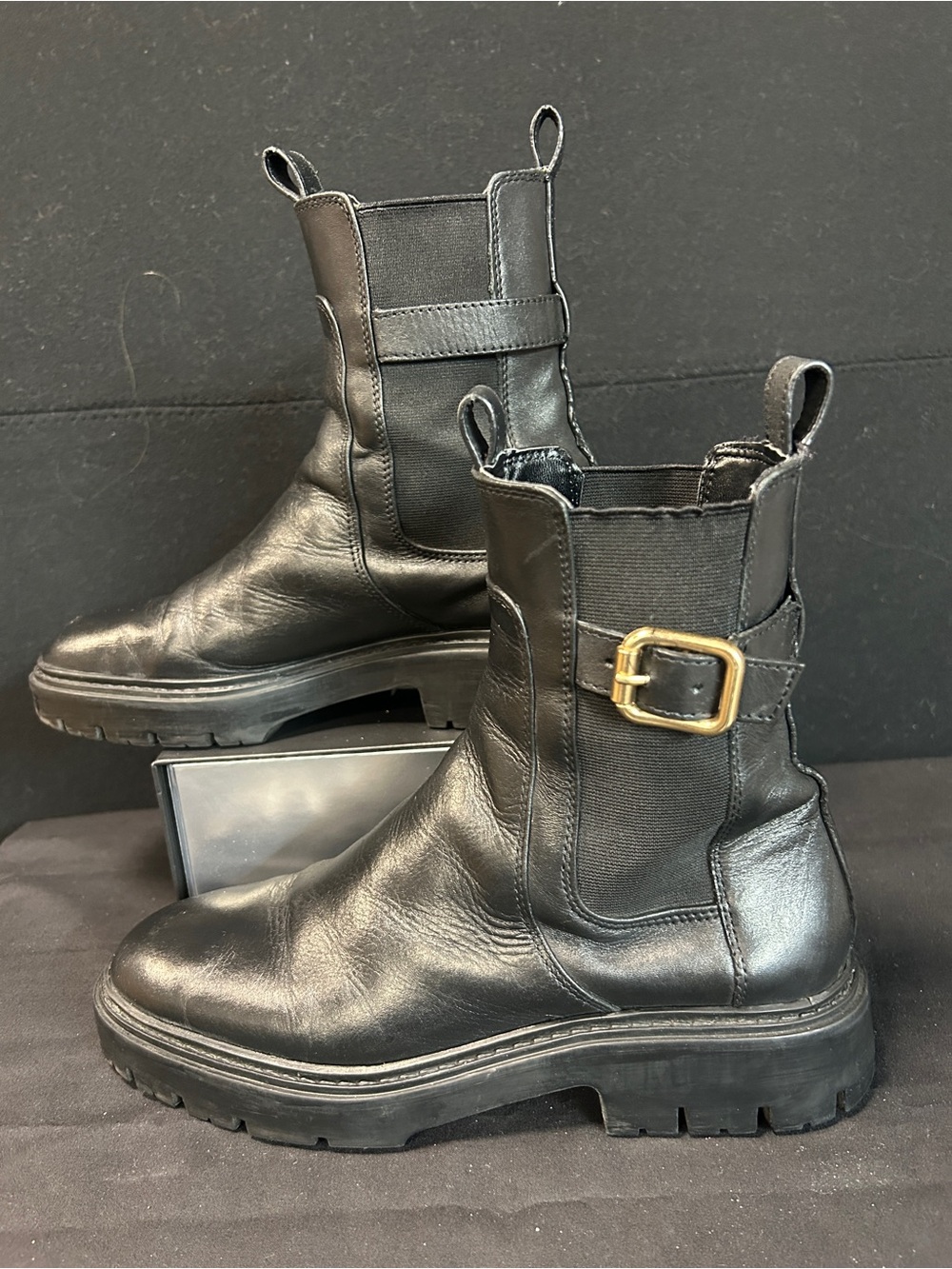 Zara Black Leather Chelsea Lug Booties with Gold Buckle